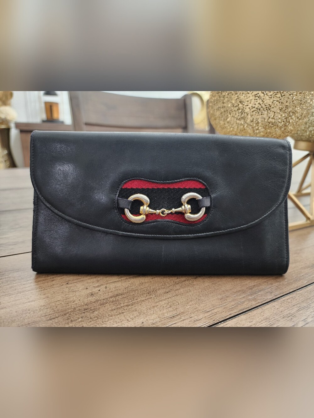 Gucci Vintage Black Leather Clutch with Gold Horsebit and Red Accent - Picture 3 of 13